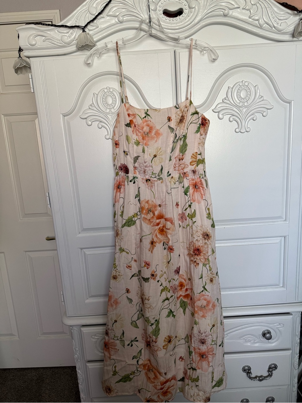 H&M Cream Midi Dress with Peach & Green Floral Print